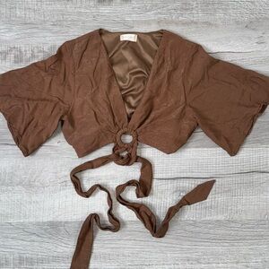 Altard State Brown Tie Front Crop Top Flutter‎ Sleeve Ring Detail Women’s S Boho